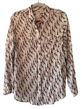 Chicos Womens Whimsy Sateen Cheetah Button Down Shirt Sz 2 White Brown Top